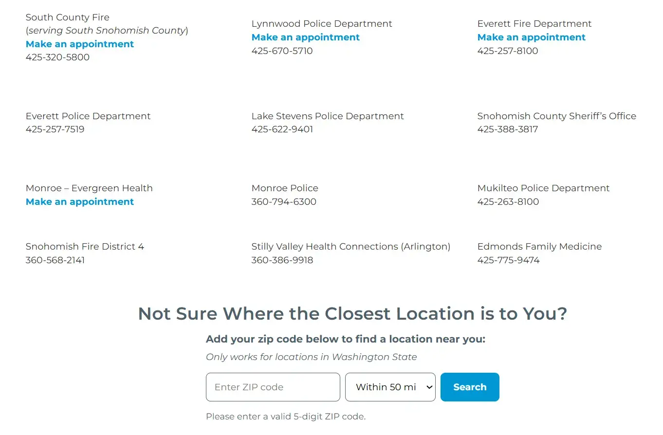 Screenshot from Safe Kids Snohomish County's website for car seat check locations.